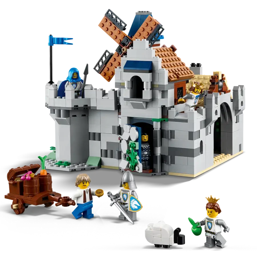 Legos - Toyhouse LEGO® Creator™ 3-in-1 Medieval Horse Knight Castle set includes minifigures, a windmill, sheep, veggie cart, and accessories displayed in front.