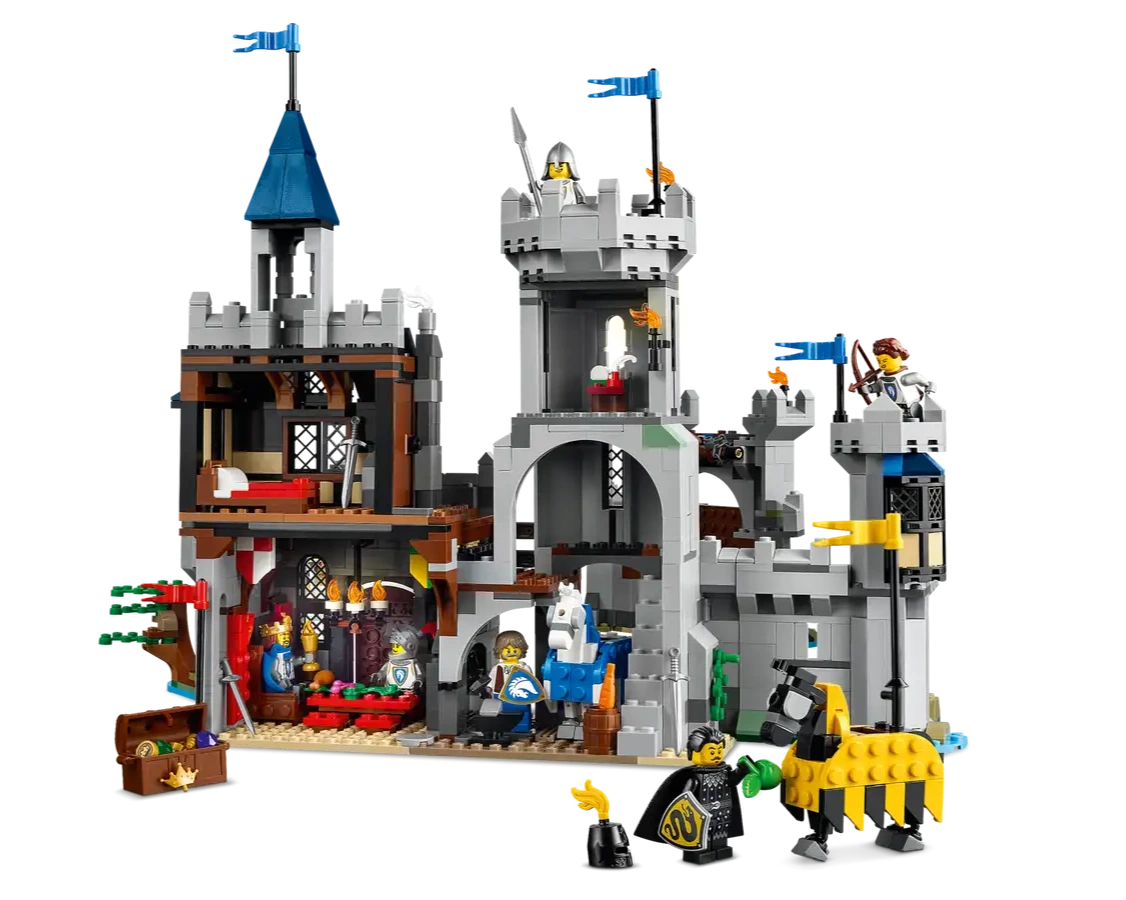 The LEGO® Creator™ 3-in-1 Medieval Horse Knight Castle by Legos - Toyhouse features towers, flags, and knight minifigures in action poses, all showcased against a plain white background.