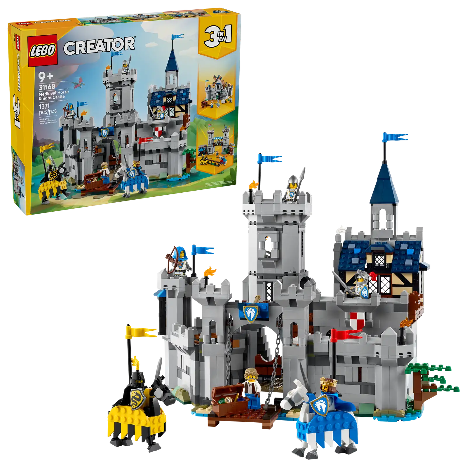The LEGO® Creator™ 3-in-1 Medieval Horse Knight Castle by Legos - Toyhouse features knights, horses, and a detailed gray castle; product box displayed in the background.