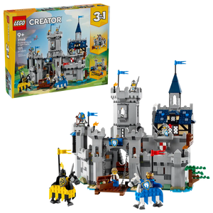 The LEGO® Creator™ 3-in-1 Medieval Horse Knight Castle by Legos - Toyhouse features knights, horses, and a detailed gray castle; product box displayed in the background.
