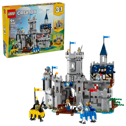 The LEGO® Creator™ 3-in-1 Medieval Horse Knight Castle by Legos - Toyhouse features knights, horses, and a detailed gray castle; product box displayed in the background.
