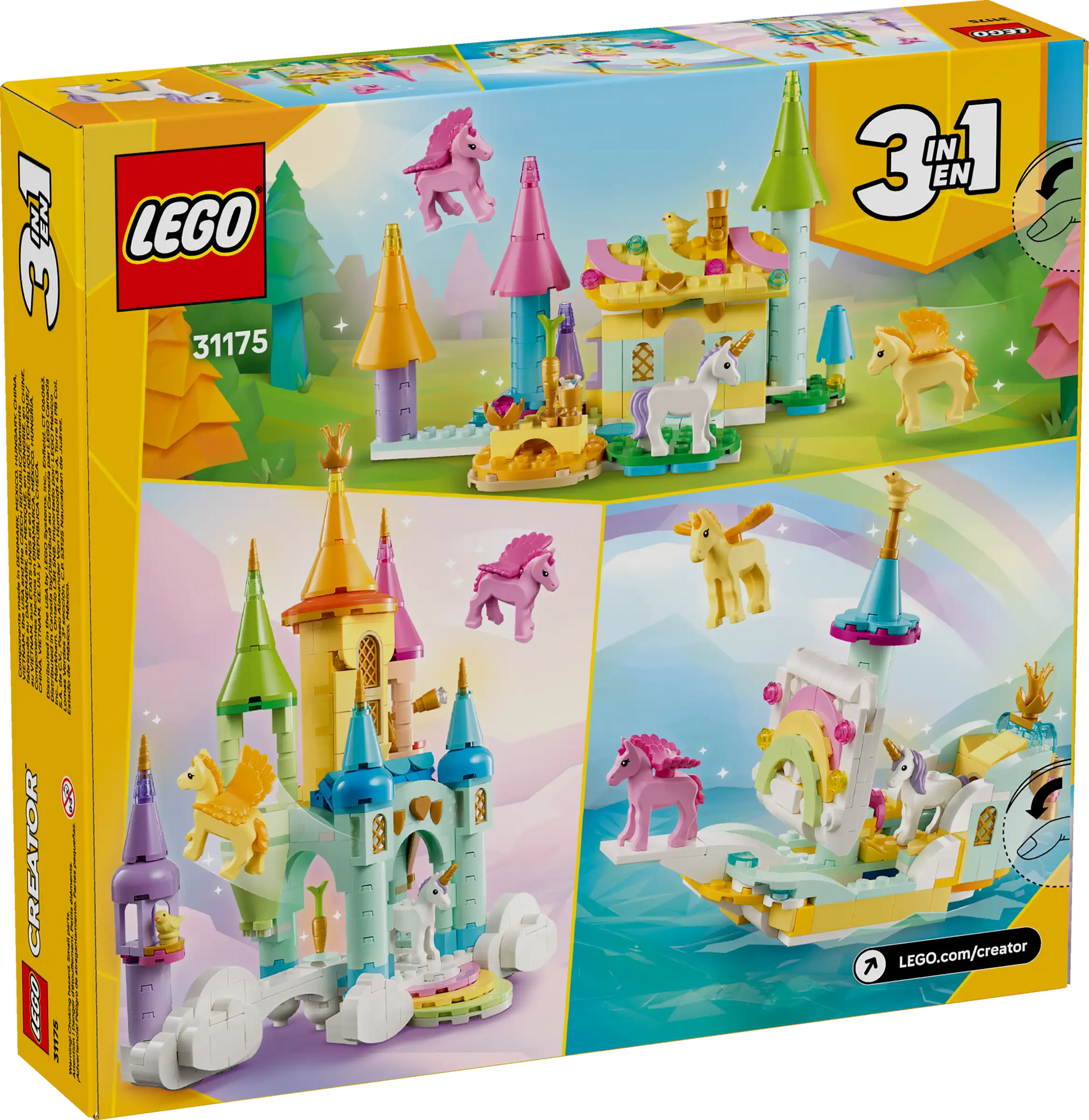 The LEGO® Creator™ 3-in-1 Unicorn Castle by Legos - Toyhouse lets kids build a fantasy castle, unicorn stable, or ship and includes unicorn and pegasus figures for endless imaginative play.