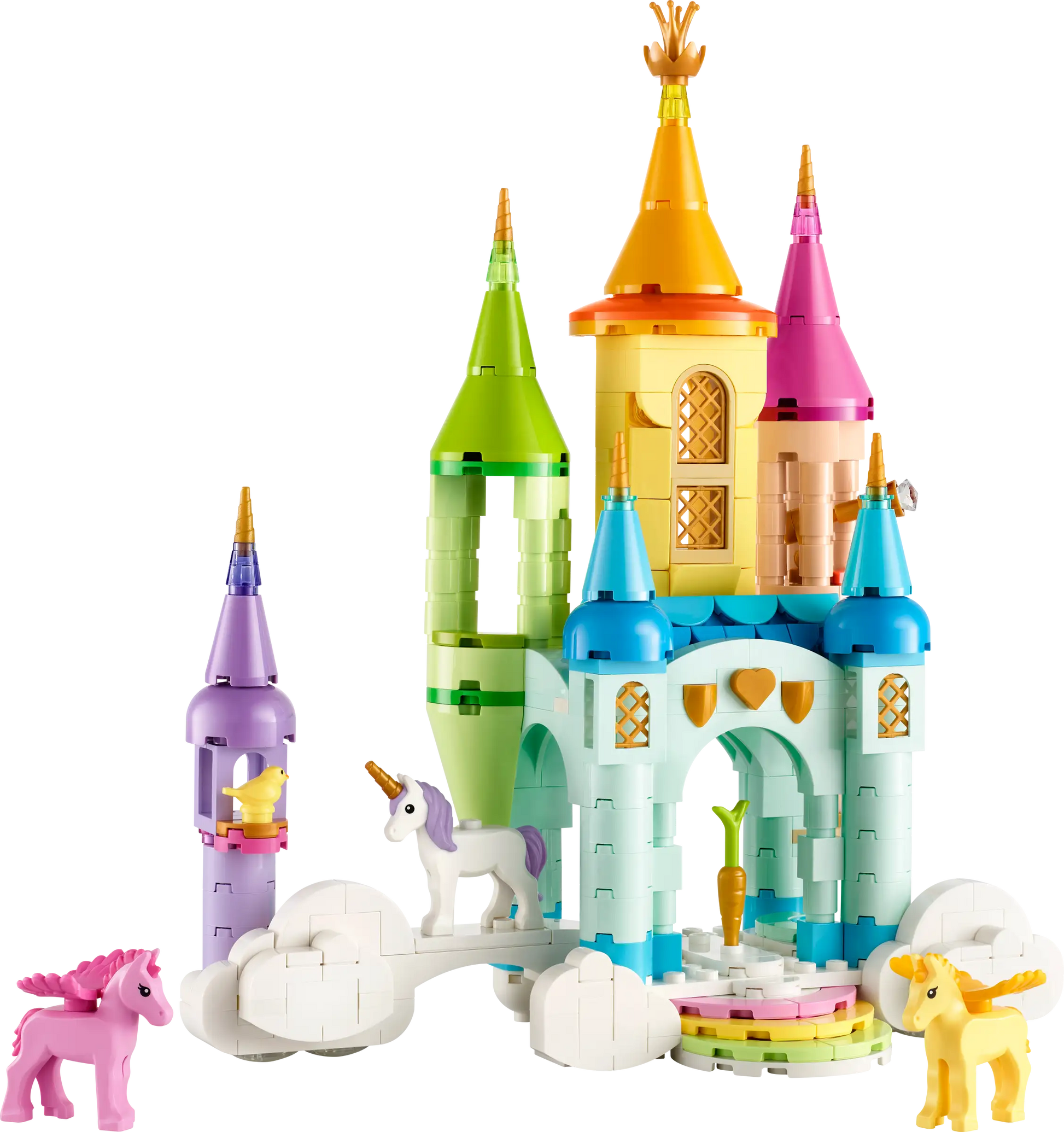 The LEGO® Creator™ 3-in-1 Unicorn Castle by Legos - Toyhouse features blue, yellow, green, and pink towers, three unicorn figures, and white cloud-like base blocks.