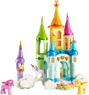 The LEGO® Creator™ 3-in-1 Unicorn Castle by Legos - Toyhouse features blue, yellow, green, and pink towers, three unicorn figures, and white cloud-like base blocks.