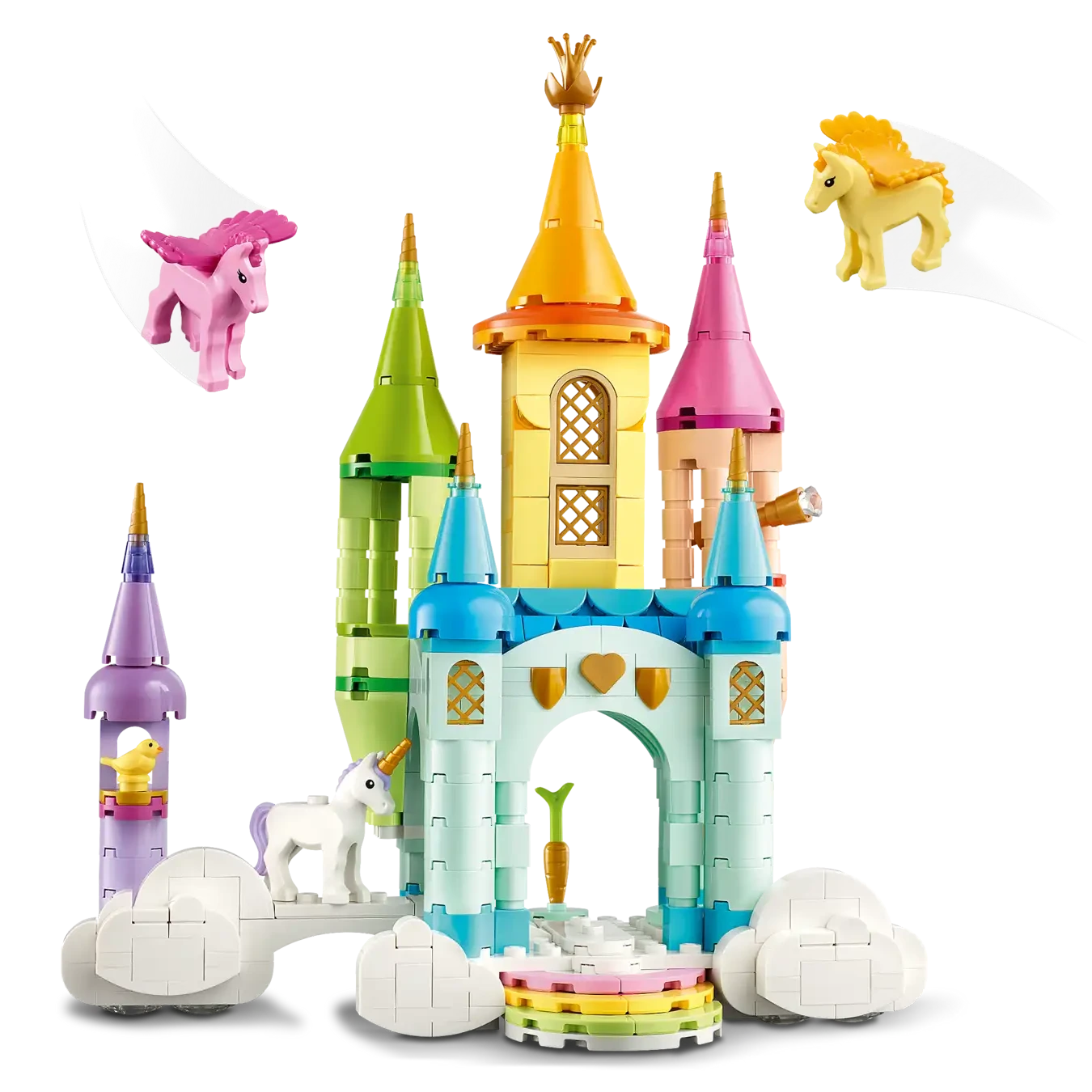 The Legos - Toyhouse LEGO® Creator™ 3-in-1 Unicorn Castle features interlocking bricks, towers, clouds, a carrot above the entrance, and three unicorns—white, pink, and yellow—around the magical castle.