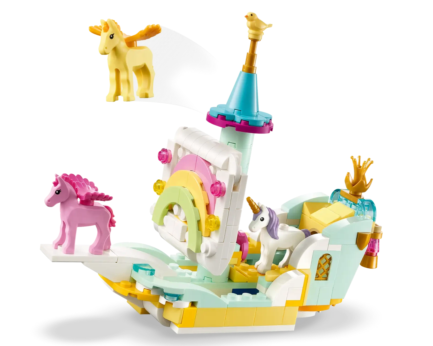 The LEGO® Creator™ 3-in-1 Unicorn Castle by Legos - Toyhouse features a colorful ship with a rainbow sail, gold crown, and pink, white, and yellow unicorns—ideal for fans and shown on a white background.