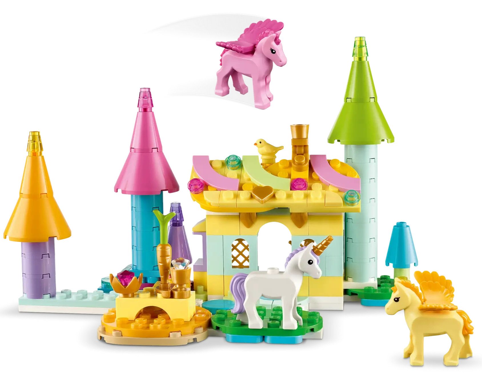 The LEGO® Creator™ 3-in-1 Unicorn Castle by Legos - Toyhouse features pastel towers, a yellow house, golden fountain, and three unicorn figures including a pink flying unicorn.