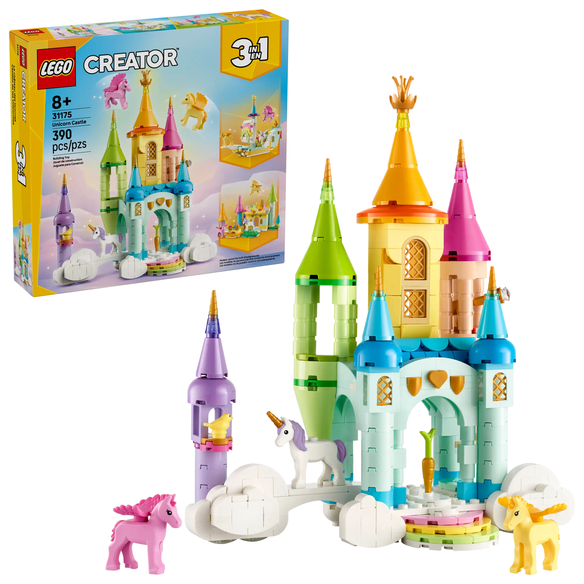 LEGO® Creator™ 3-in-1 Unicorn Castle by Legos - Toyhouse features colorful towers, unicorn toy figures, and includes the product box shown in the background.