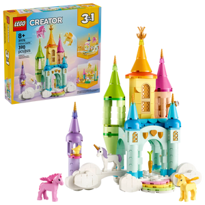 LEGO® Creator™ 3-in-1 Unicorn Castle by Legos - Toyhouse features colorful towers, unicorn toy figures, and includes the product box shown in the background.
