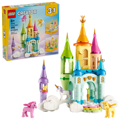 LEGO® Creator™ 3-in-1 Unicorn Castle by Legos - Toyhouse features colorful towers, unicorn toy figures, and includes the product box shown in the background.