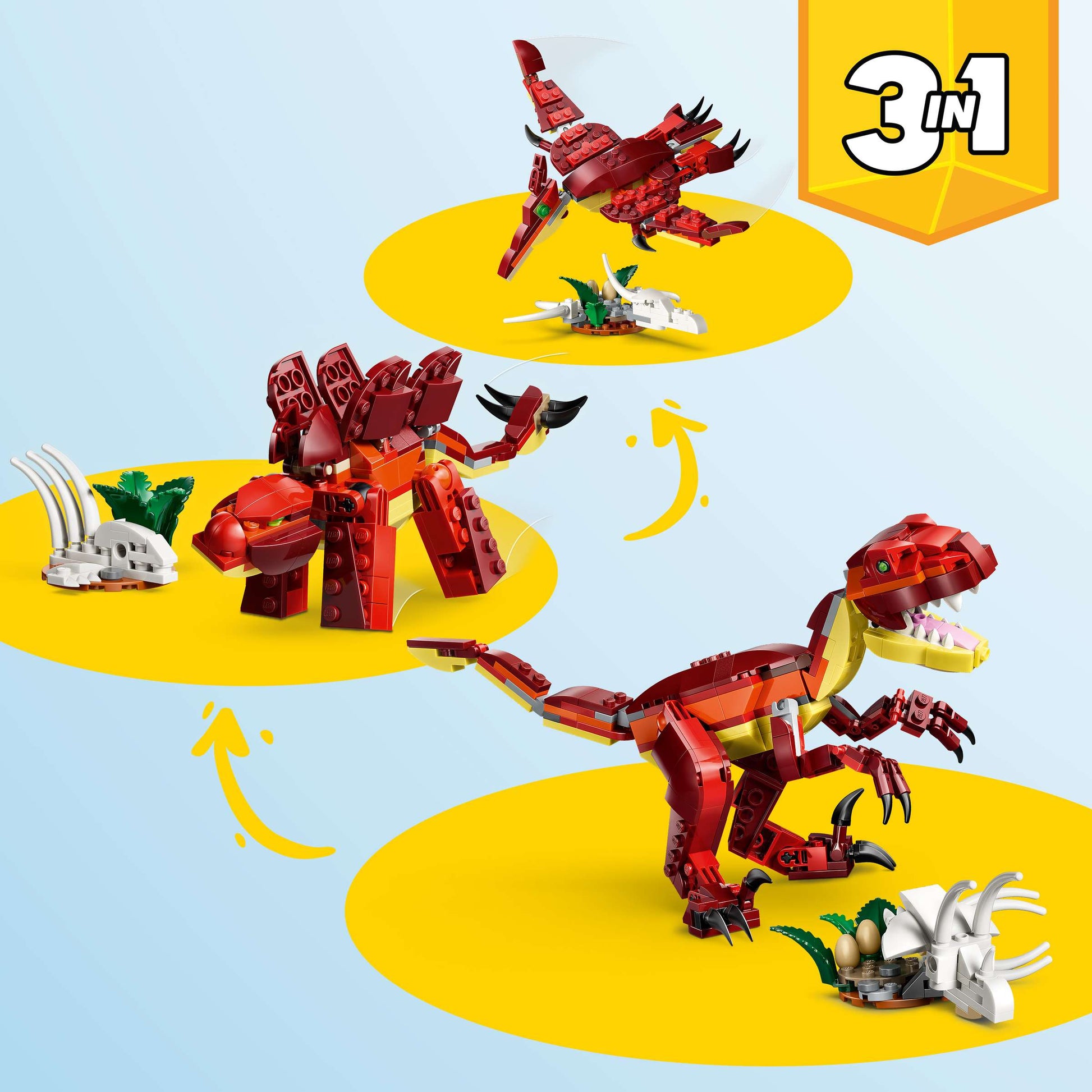 Three red dinosaur models—a pterosaur, stegosaurus, and T-rex—are shown on yellow circles with a "3 in 1" label, highlighting the LEGO® Creator 3-in-1 Fierce Dinosaur by Legos - Toyhouse building set.