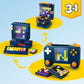The LEGO® Creator 3-in-1 Retro Gaming Console by Legos - Toyhouse is a toy brick set that builds an arcade machine, a keyboard with screen, or a handheld console—ideal gamer room decor—shown on blue with yellow accents.