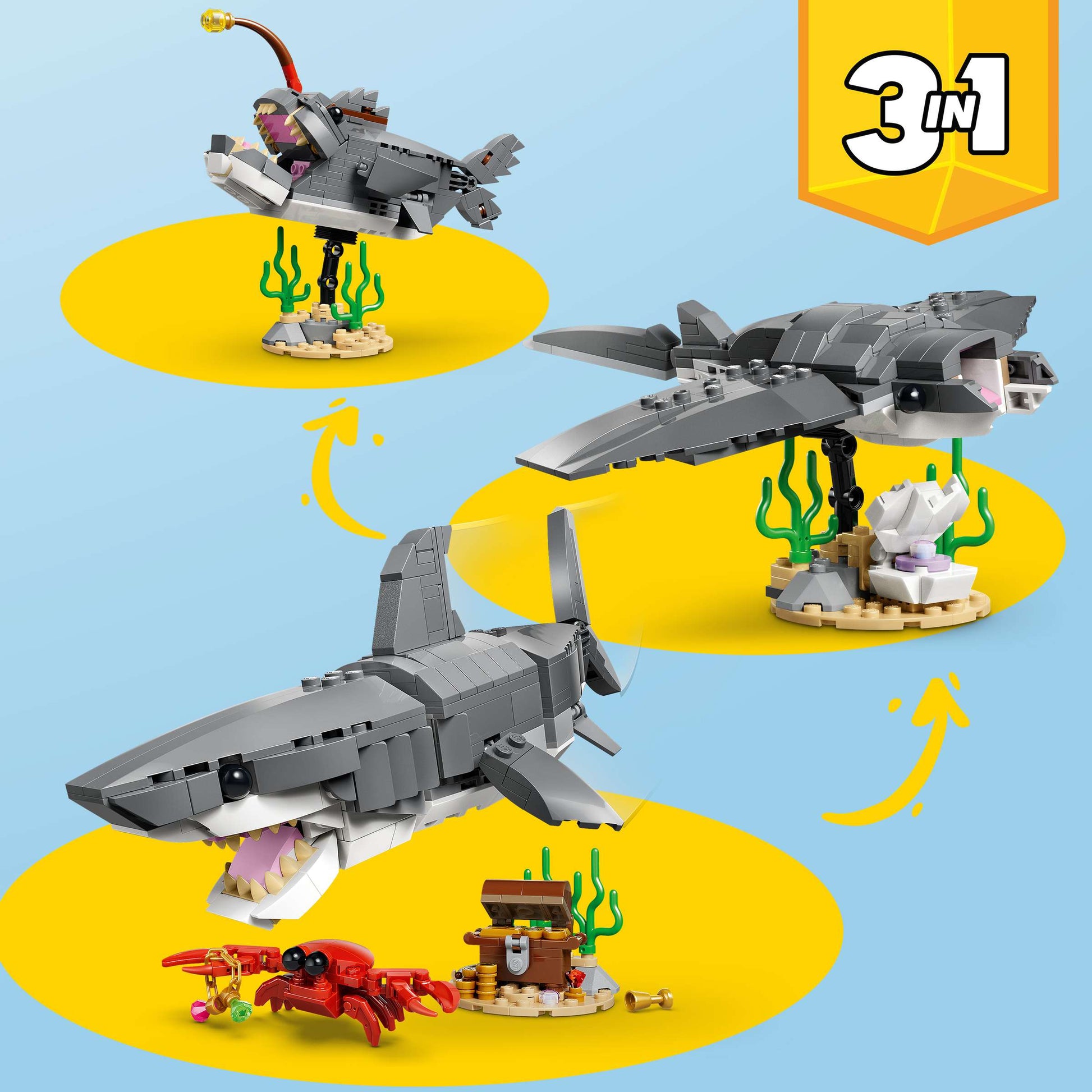 LEGO® Creator 3-in-1 Fierce Shark with a Treasure Chest by Legos - Toyhouse lets you build a shark, anglerfish, or whale from gray bricks with underwater accessories. "3 in 1" badge appears in the top right corner on yellow circles.