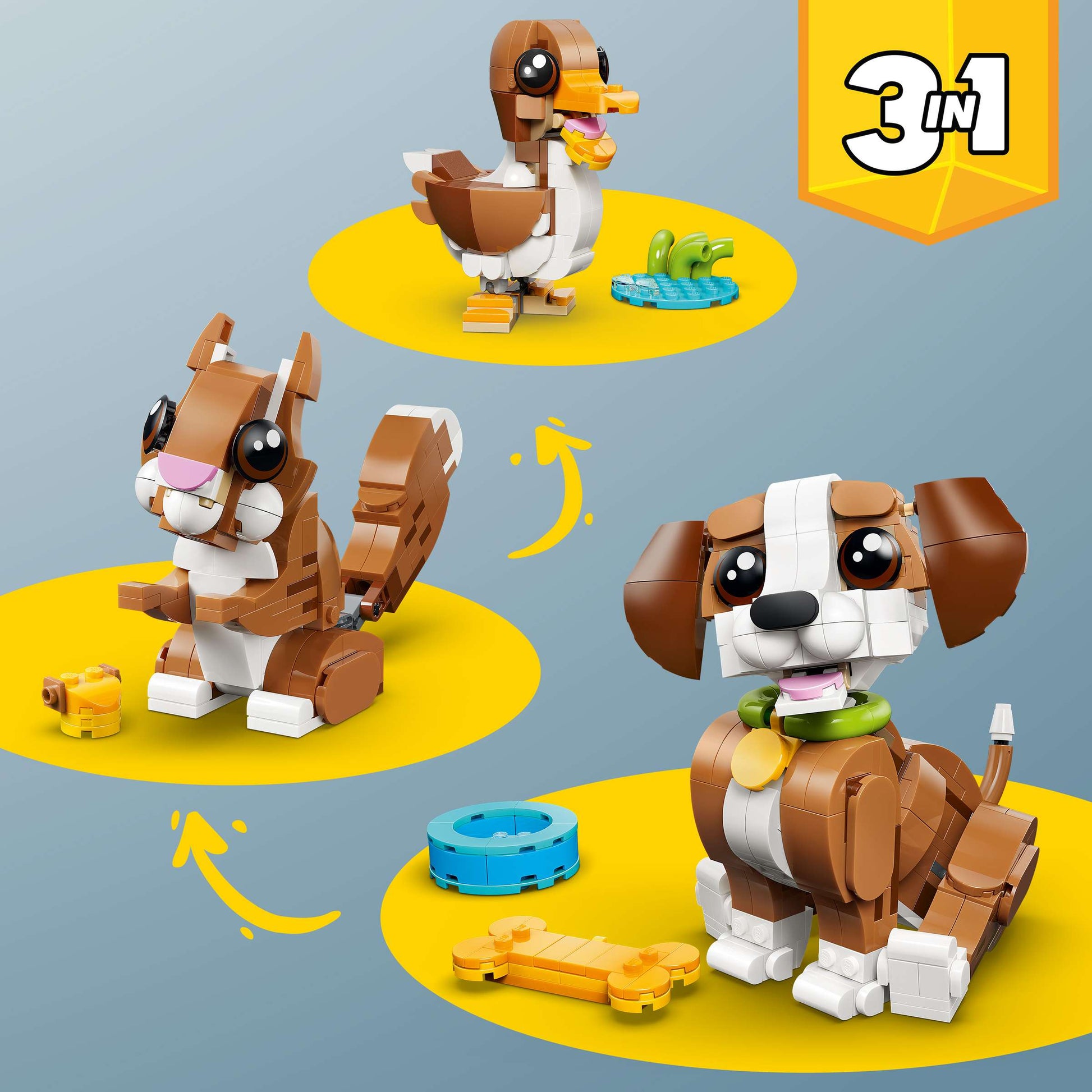 Three adorable animal toys—a dog, a squirrel, and a duck—with fun accessories are shown on yellow circles, highlighting the LEGO® Creator 3-in-1 Cute Animals: Playful Puppy Dog set from Legos - Toyhouse.