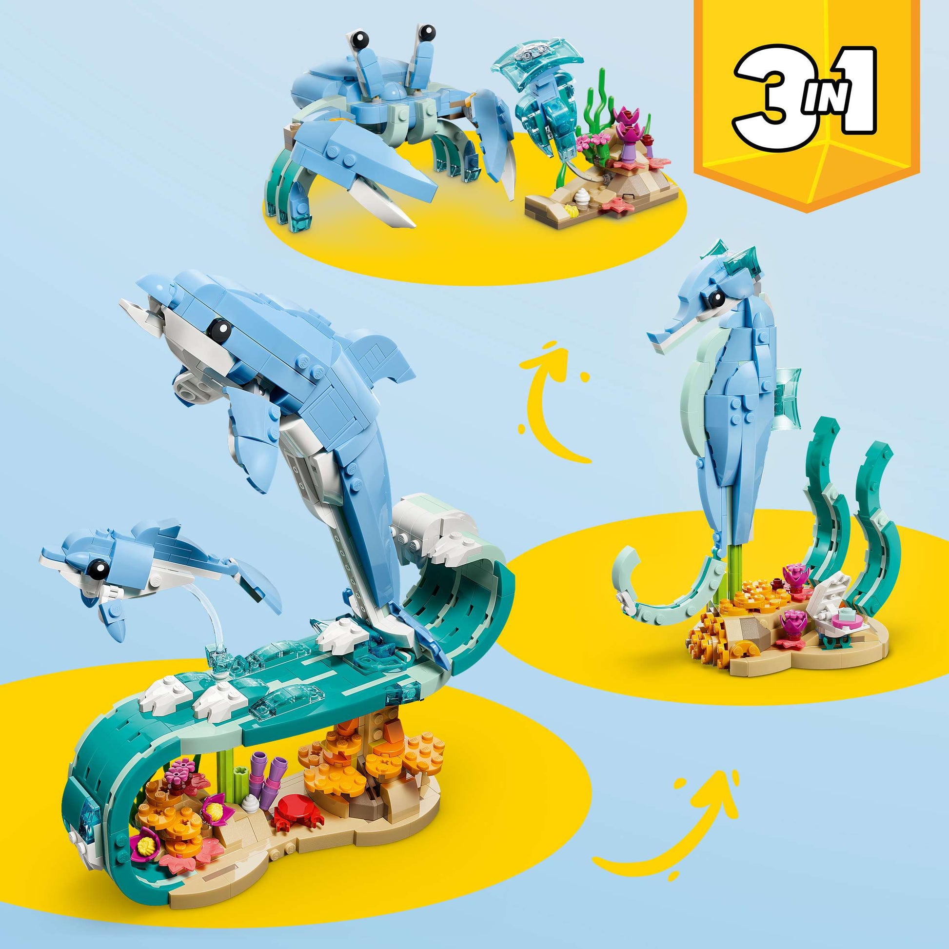The LEGO® Creator 3-in-1 Sea Animals: Beautiful Dolphins set by Legos - Toyhouse lets you build a dolphin with baby, a seahorse, and a crab with turtle, all surrounded by vibrant underwater scenery.