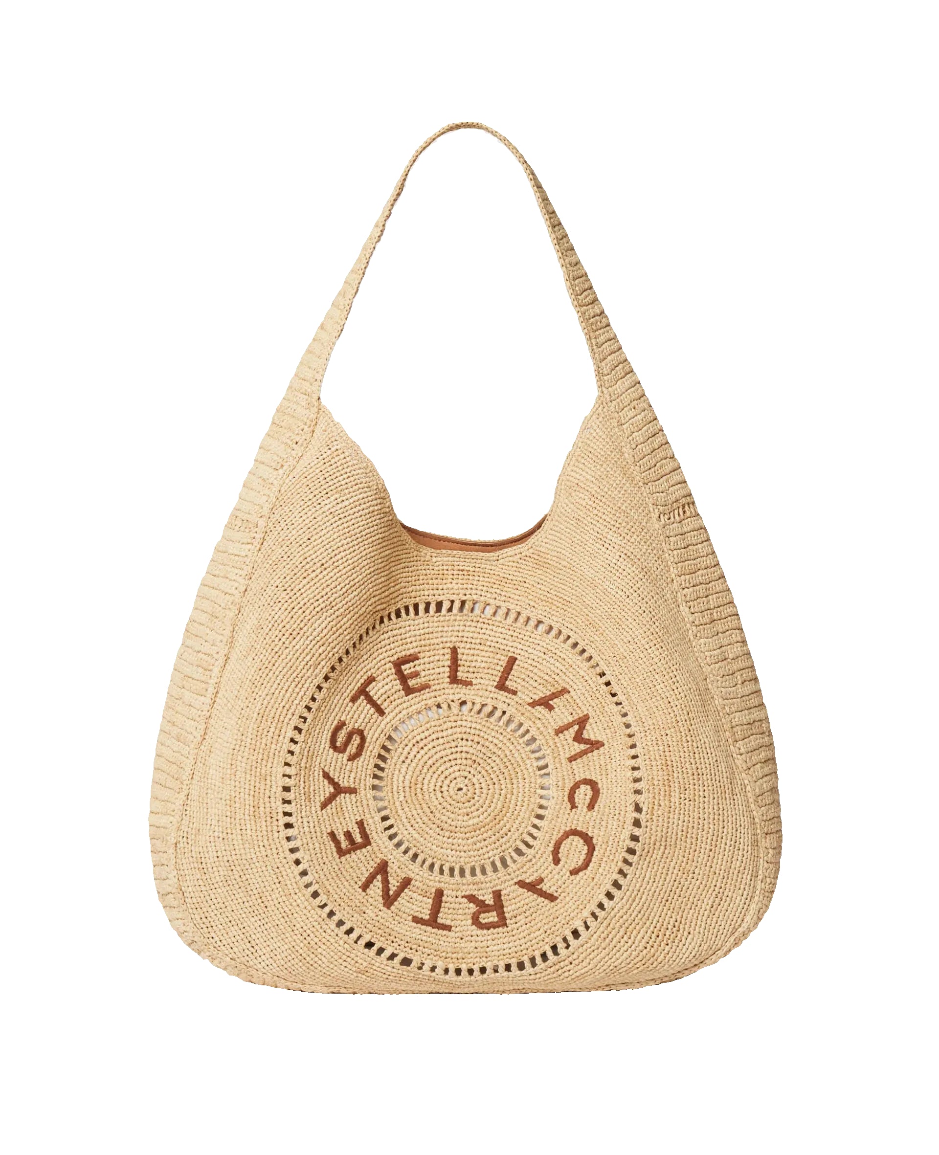 The Logo Raffia Slouchy Large Tote Bag by Stella McCartney features beige woven raffia, a circular logo on the front, and a wide shoulder strap. This vegan tote combines signature style with sustainable design.