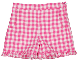 A pair of large fuchsia gingham Kidiwi Nolana Girl Shorts with frilled hems, made from 100% cotton, isolated on a white background.