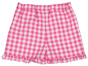 Large Kidiwi Nolana Shorts with ruffled hem in Fuchsia Gingham Pink and white checkered design.