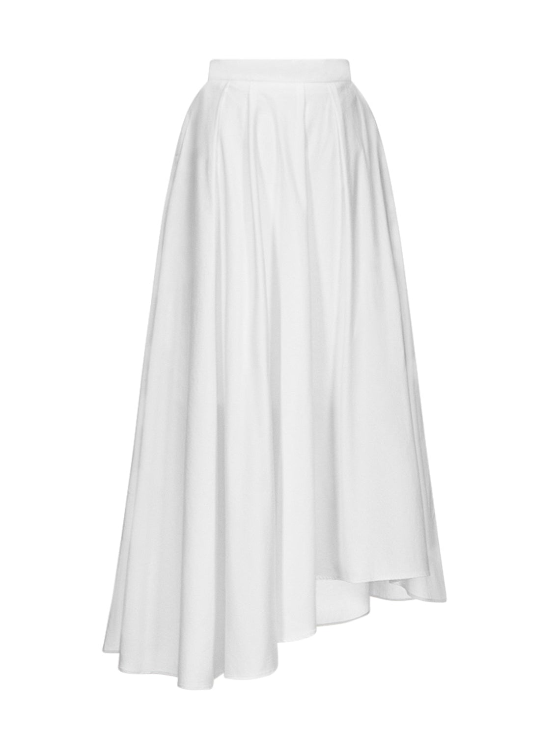 The TWP Asymmetrical A-Line Skirt is a white, high-waisted midi made from 100% cotton, featuring a flared and flowing silhouette.