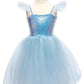 The Great Pretenders Sequins Princess Dress is a child-size blue dress featuring a sparkling sequined bodice, tulle skirt, and ruffled shoulder straps, displayed on a mannequin — perfect as a girls’ party dress for any special occasion.