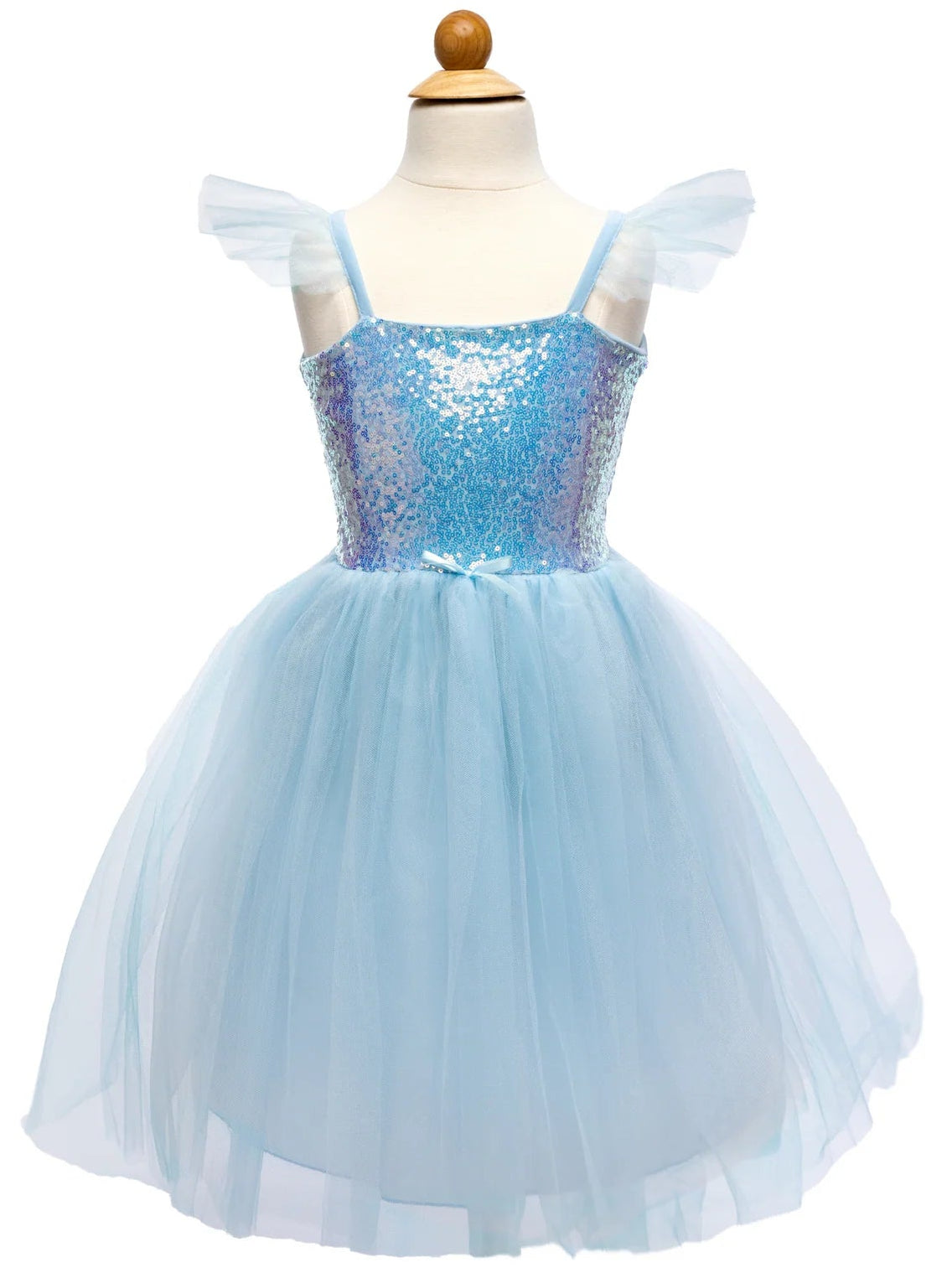 The Great Pretenders Sequins Princess Dress is a child-size blue dress featuring a sparkling sequined bodice, tulle skirt, and ruffled shoulder straps, displayed on a mannequin — perfect as a girls’ party dress for any special occasion.