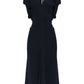 The Edith Blouson Detail Midi Dress by Victoria Beckham features a navy blue hue, short sleeves, a V-neckline, and subtle gathering at the shoulders for an elegant look.