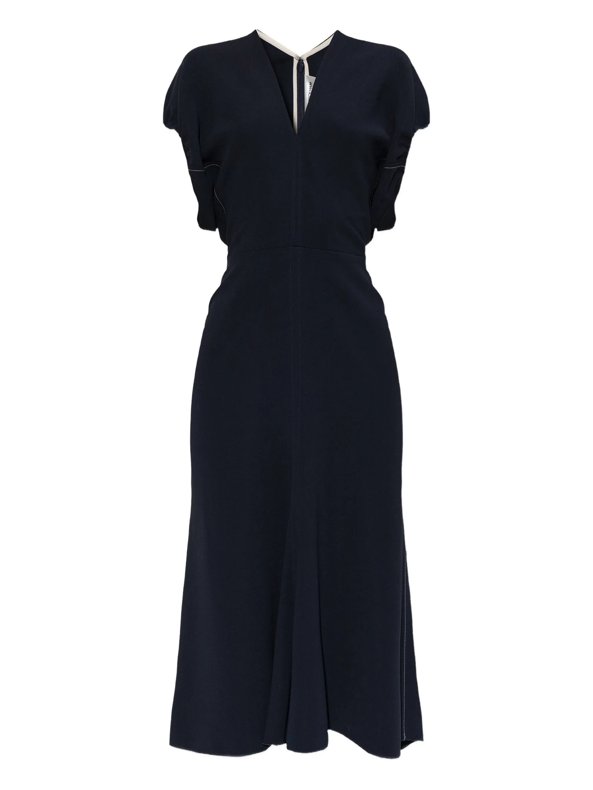 The Edith Blouson Detail Midi Dress by Victoria Beckham features a navy blue hue, short sleeves, a V-neckline, and subtle gathering at the shoulders for an elegant look.