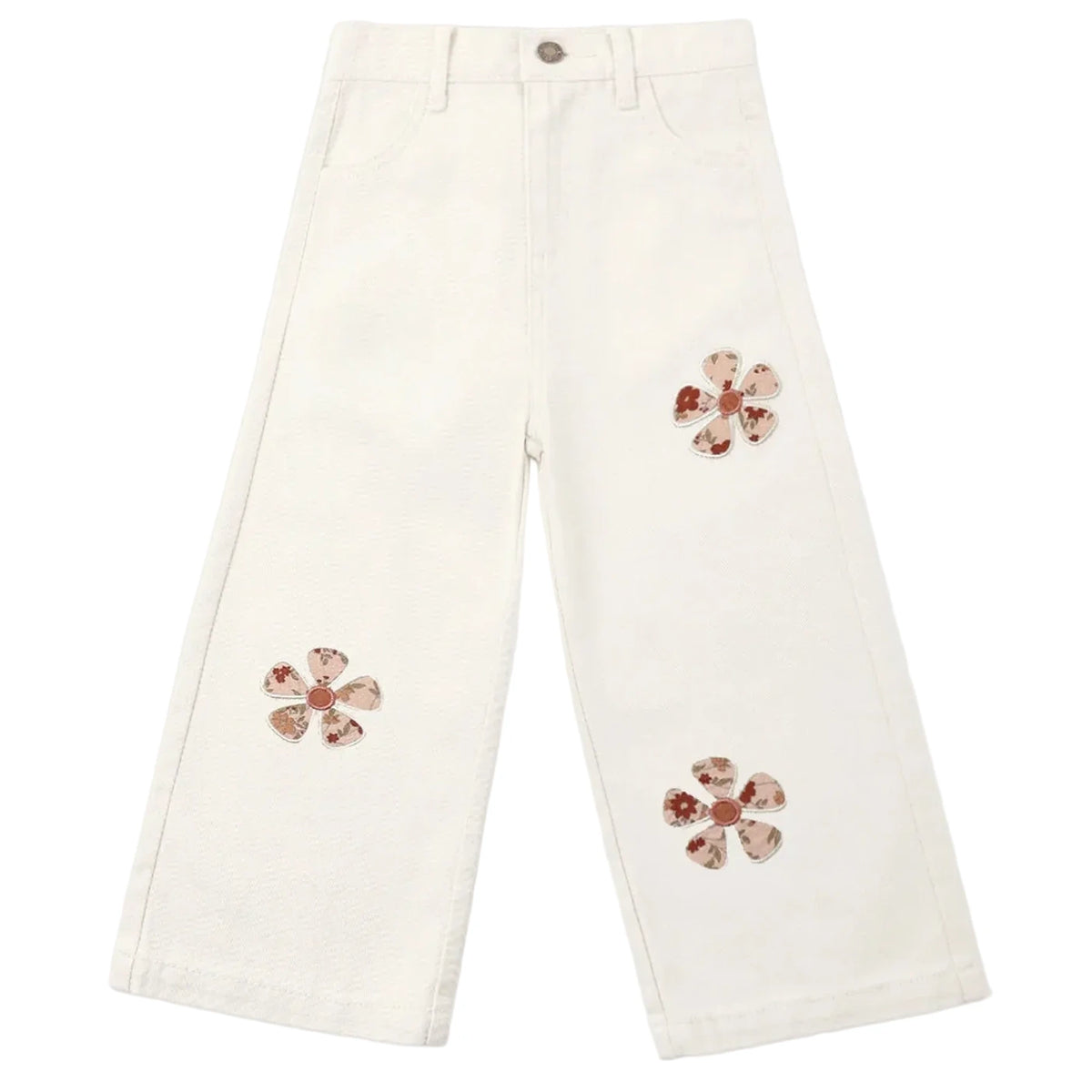 Rylee & Cru’s Girls’ Straight Leg Pant features a crisp white design with two large floral appliqués on one leg and a third on the other, each bloom showcasing five brown and pink patterned petals, plus an embroidered pocket adds an extra special detail.