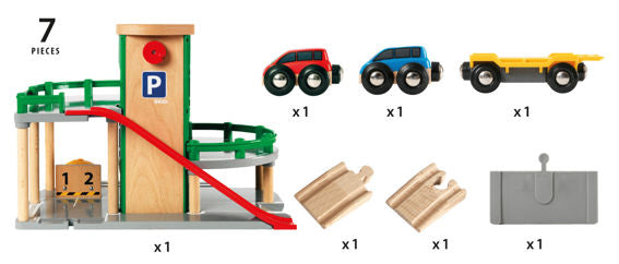 The Brio World Parking Garage, crafted by Brio, includes a wooden toy parking garage set with a red ramp, two toy cars (one red and one blue), a yellow truck, two wooden track pieces, and a grey barrier. In total, this seven-piece set is perfect for a Parking Garage Adventure or as an enhancement to your Brio World Fire Station setup.