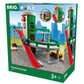 Box of Brio World Parking Garage toy set, branded by Brio, featuring illustrations of the toy on the packaging. This set promises a thrilling parking garage adventure and is suitable for children aged 3 and older.