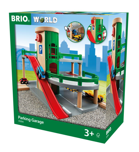 Box of Brio World Parking Garage toy set, branded by Brio, featuring illustrations of the toy on the packaging. This set promises a thrilling parking garage adventure and is suitable for children aged 3 and older.