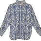 The Blue Tropical Cameo Off-White Pajama Shirt by Farm Rio features blue and white paisley and floral prints, crafted from LENZING™ ECOVERO™ eco-responsible fibers, shown flat on a white background.