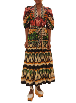 Style the Farm Rio Coconut Tree Flow Dress with unique prints and puffed sleeves, belted at the waist, and finish the look with white high platform shoes for a chic vibe.