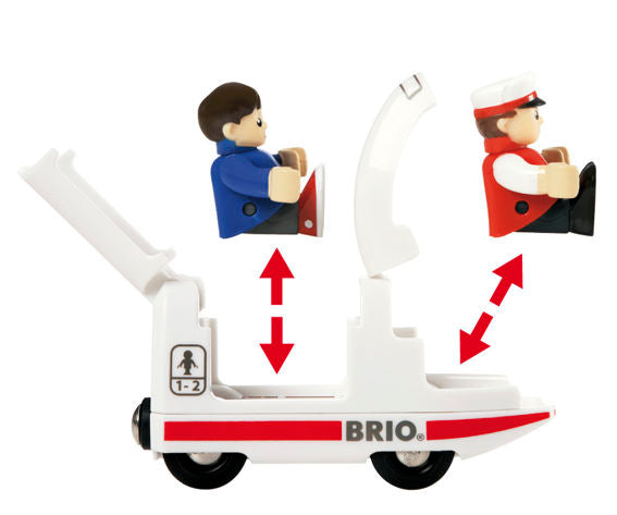 A BRIO World railway set toy car with a man in the driver's seat.