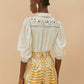 A person faces away, wearing a white lace-detailed blouse and the Lace Nature Off-White Shorts by Farm Rio, crafted from eco-responsible fibers, against a beige background.