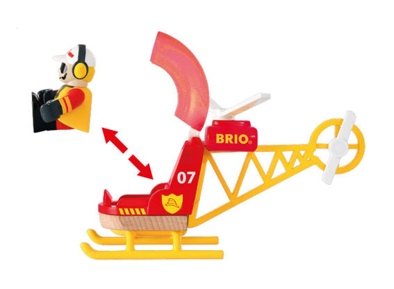 A Brio World Firefighter Helicopter with the number "07" on it, featuring a detachable pilot figure wearing a helmet and red and yellow outfit.