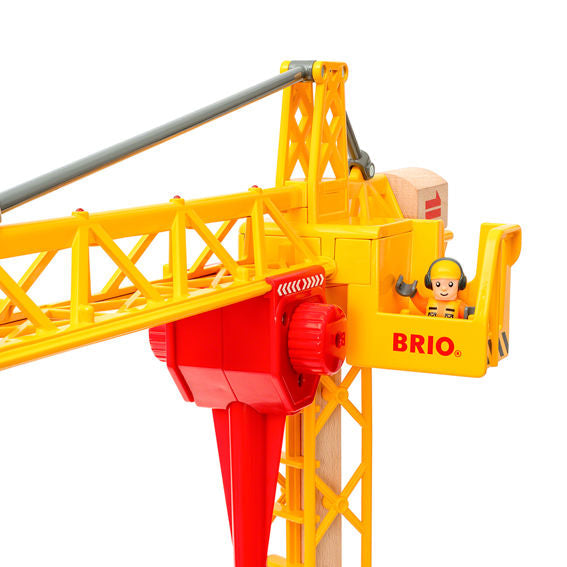 A fully-operational toy crane from BRIO World on a white background.