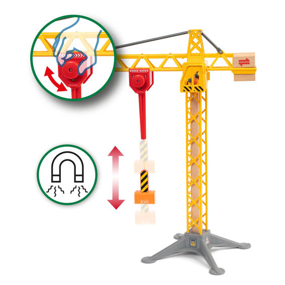 BRIO World Construction Crane with Brio operational instructions indicating lifting and rotating functions.