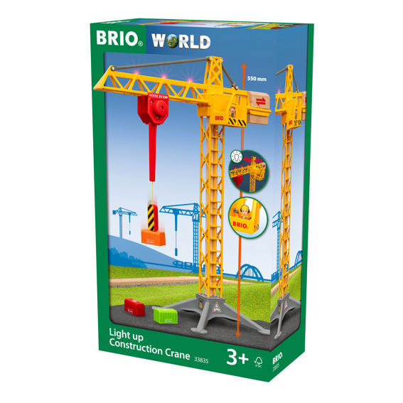 A boxed Brio BRIO World Construction Crane set for children aged 3 and up, featuring a fully-operational crane.