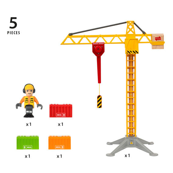 BRIO World Construction Crane set with a worker figurine and four interlocking blocks.