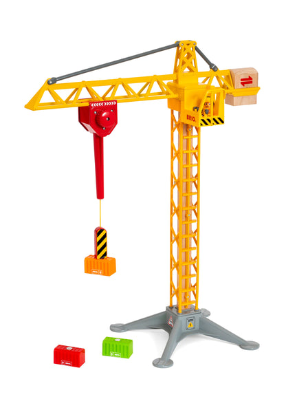 A BRIO World crane with a red and yellow bucket, perfect for construction play.