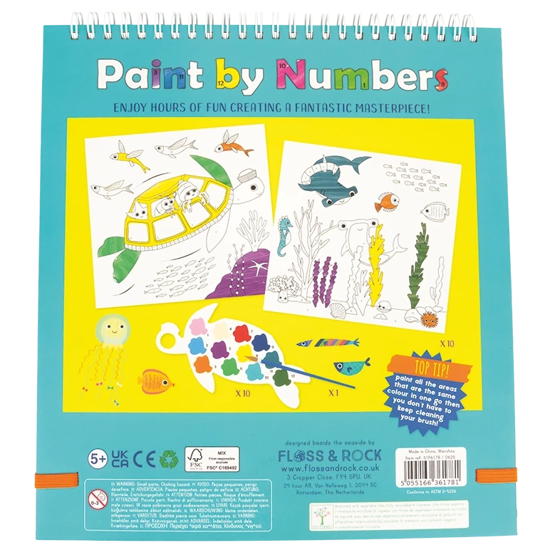 Paint By Numbers - Ocean by Floss and Rock is a kids’ art kit featuring two underwater-themed sample paintings, a numbered paint palette illustration, and product information on a bright turquoise cover—perfect for creative ocean-inspired fun!.