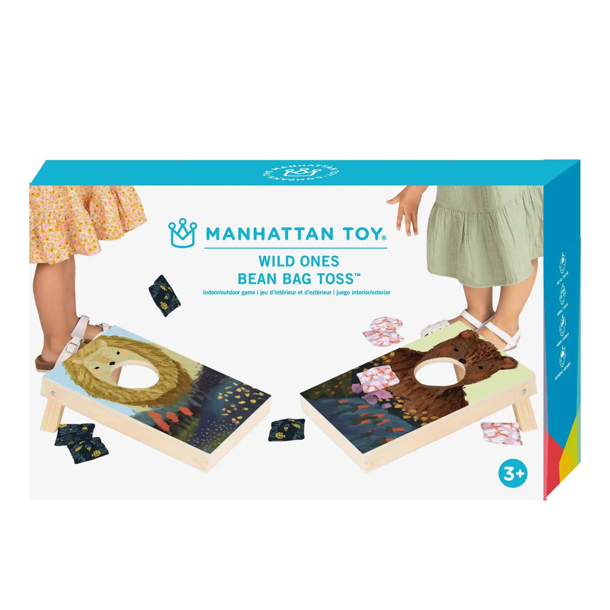 Manhattan Toy Wild Ones Bean Toss is a wood set for kids ages 3+, with illustrated boards and colorful bean bags. Two children are pictured playing.