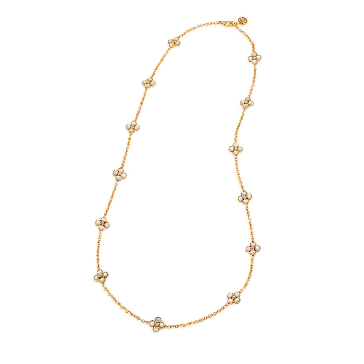 The Juliska Capucine De Wulf Berry Clover Double Sided Necklace showcases multiple white clover motifs evenly spaced along a double-sided station chain.