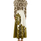 A woman is seen from the back in a long-sleeve brown and white floral top paired with a Farm Rio Palermo Green Midi Skirt, made from organic cotton, featuring olive green and white tones.