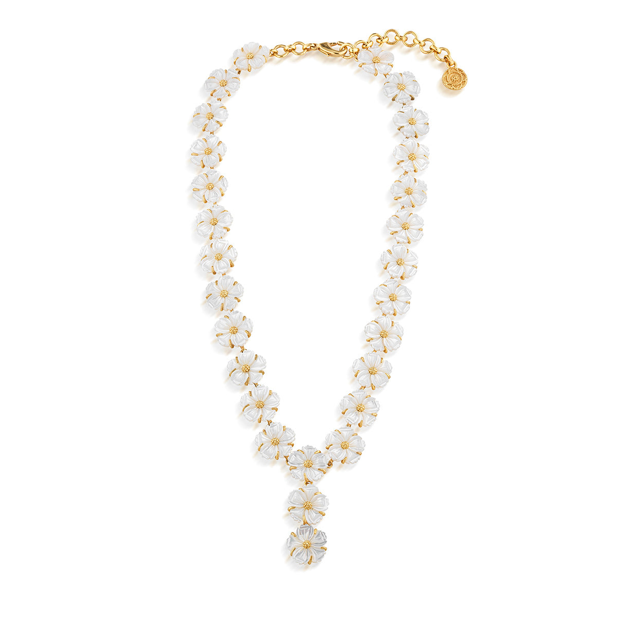 The Juliska Capucine De Wulf Mermaid Garden Petite Riviere Convertible Necklace features white flower beads, golden berry accents, an adjustable chain, a dangling floral pendant, and a round charm at the end.