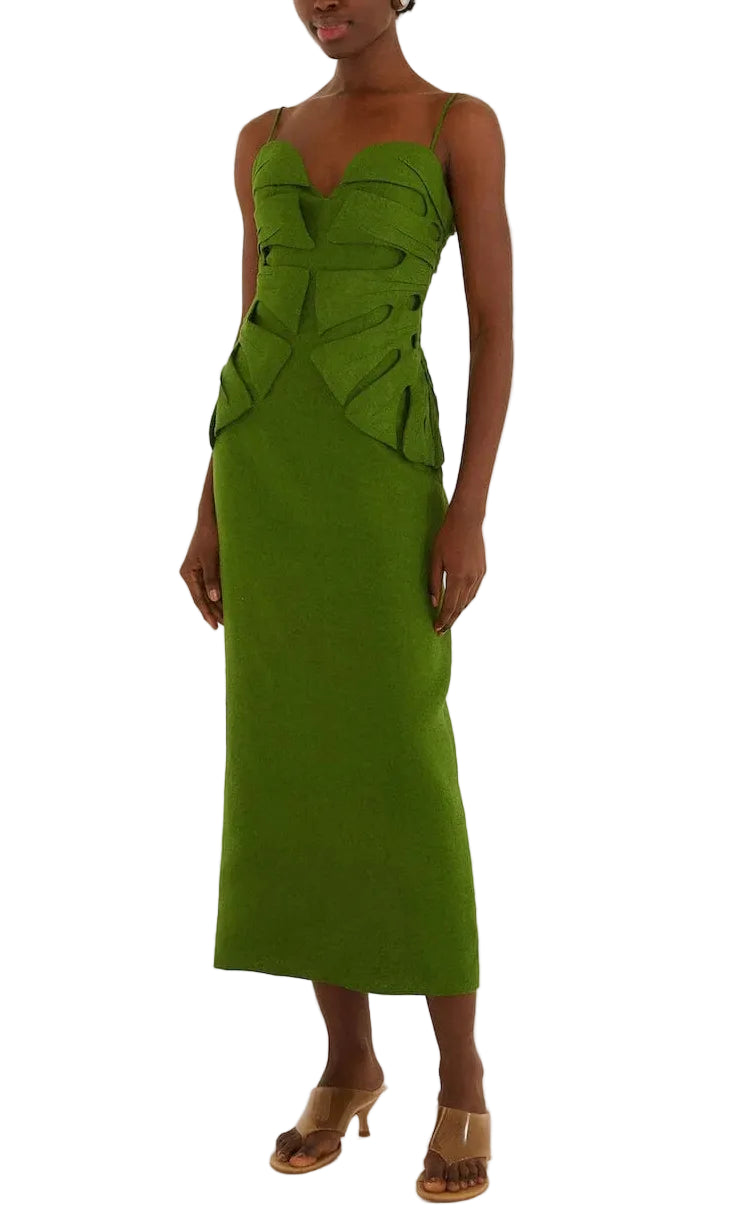 A woman in the Farm Rio Green Monstera Leaf Maxi Dress with cutout details and spaghetti straps, paired with tan heeled sandals, radiates effortless summer style.