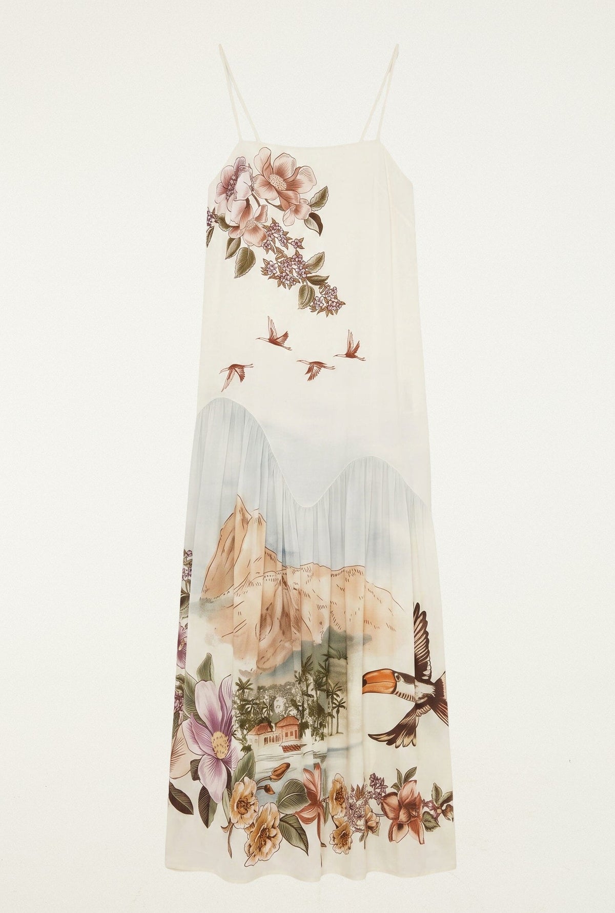 Farm Rio Toile De Rio Off White Maxi Dress featuring a sleeveless silhouette and a tropical landscape print with flowers, birds, and a toucan.