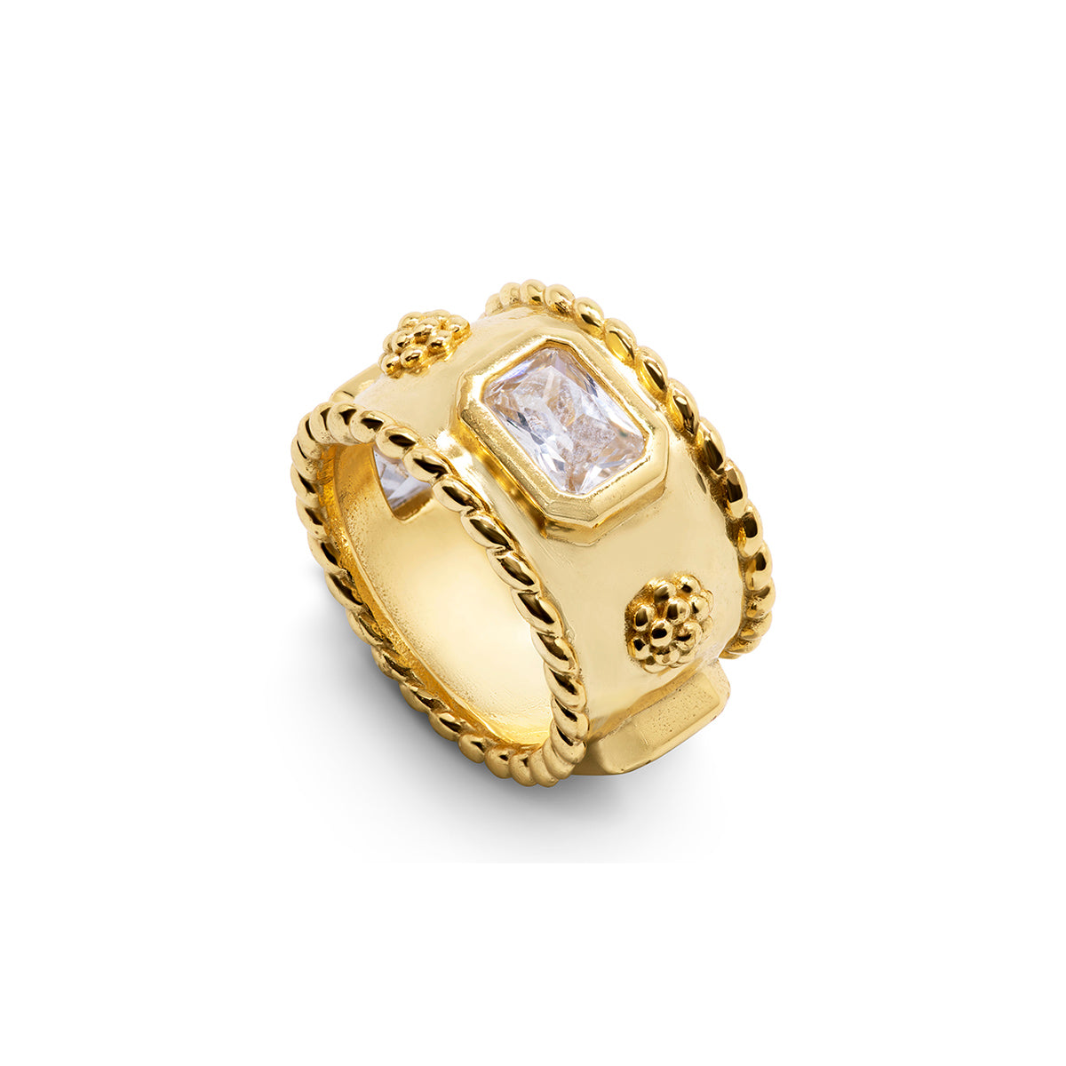 The Juliska Capucine De Wulf Berry Band Ring features rope detailing, textured accents, and a rectangular clear gemstone—perfect for adding crystal flair to your ring stack.