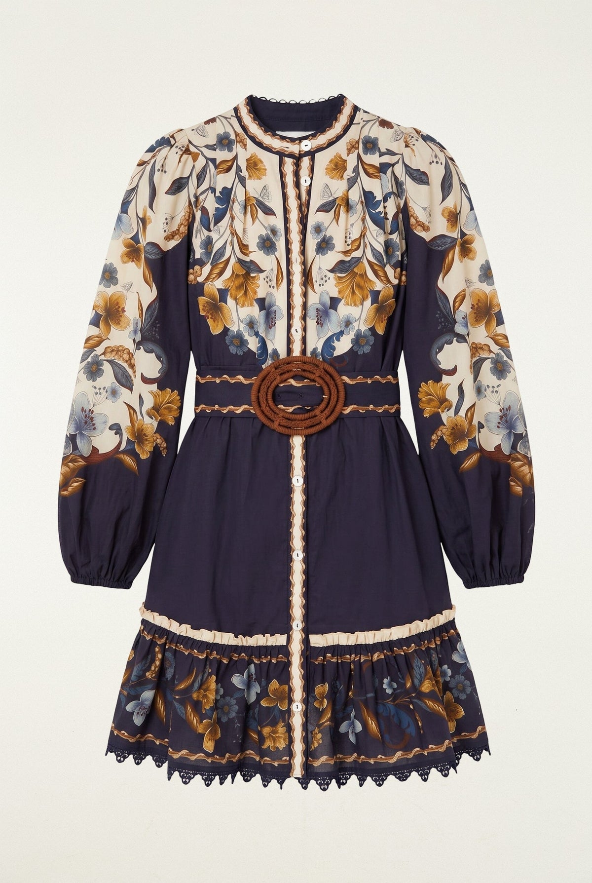 Farm Rio Golden Nature Belted Mini Dress, a long-sleeved floral mini dress with a navy bodice, button-down front, and a circular brown woven belt at the waist.
